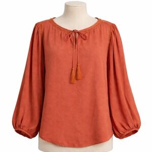 Tencel Orange Balloon Long Sleeve Peasant Blouse M Cottagecore Boho Indie Hippie